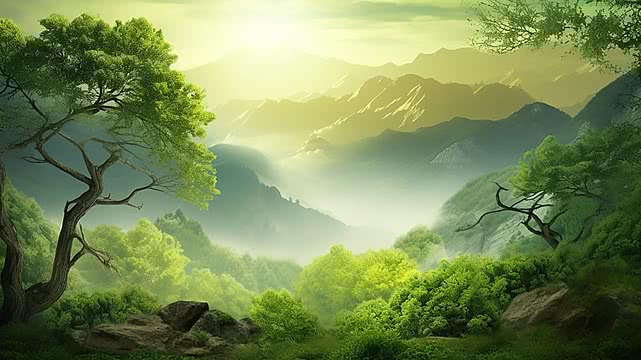 Forest scene with sun and ecology
